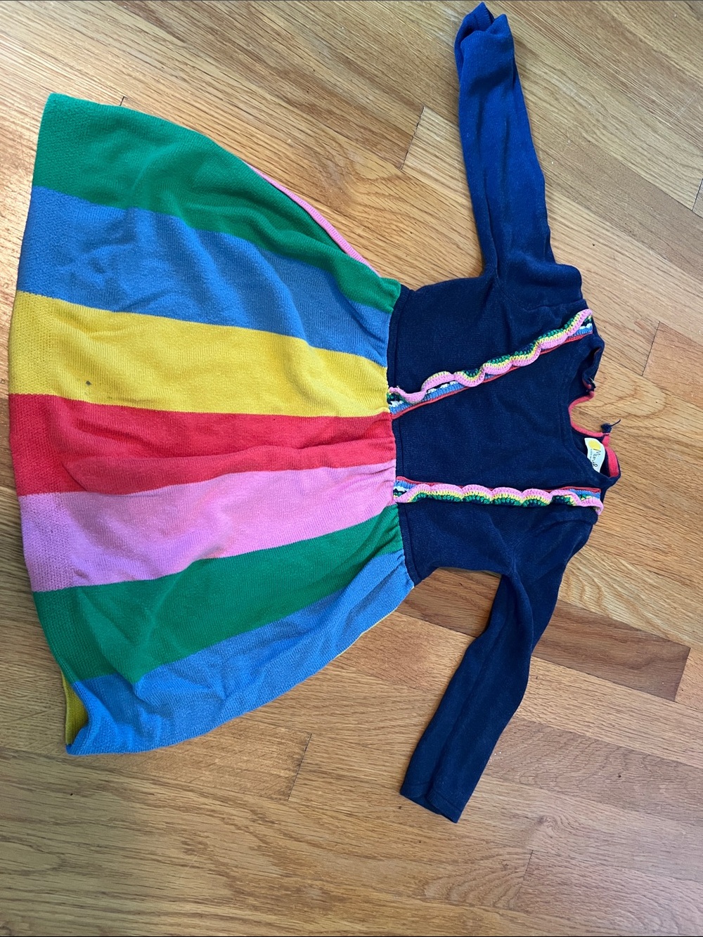 Mini Boden Rainbow Stripe Knit Dress with Navy Top